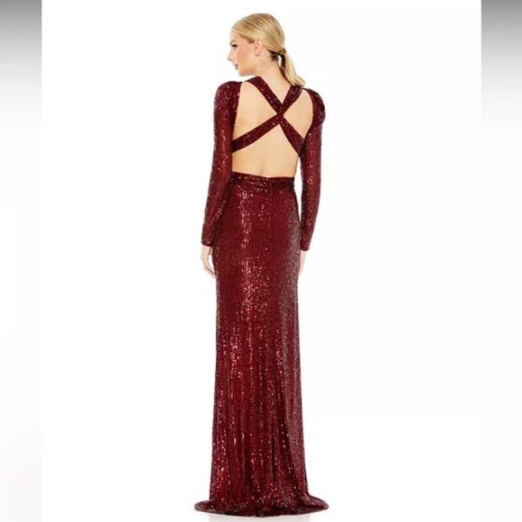 Ieena Mac Duggal Sequined Criss Cross Long Sleeve Maxi Gown in Red Sz 10 NWT - Picture 2 of 13